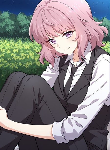 <lora:Immortal_Swordsman_In_The_Reverse_World__Chu_Xiao:1>
1 girl, solo, medium hair, wavy hair, pink hair, purple eyes, 
white collared shirt, black vest, black dress pants, black necktie, office outfit, sleeves rolled up, formal clothing,
score_9, score_8_up, score_7_up, very aesthetic, source_anime, detailed, high quality, beautiful, detailed eyes, masterpiece, best quality, absurdres, perfect anatomy, 1girl, solo, hugging your own legs, sitting, garden background, charming smile, night