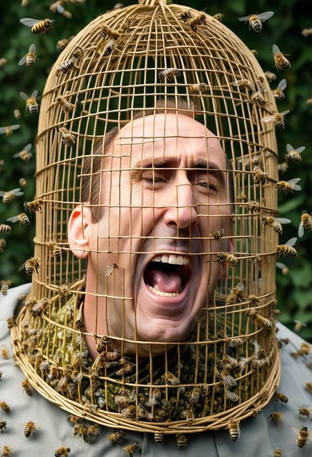 (Nicholas Cage:1.2), (large bell-shaped open mesh wicker cage on head covering face:1.6),  cage full of bees, screaming in pain, closeup, swarm of bees on face, (eyes closed:1.0), (bees on eyes:1.0), (bees in mouth:1.0), dutch angle, head tilt, straining, in shadow,