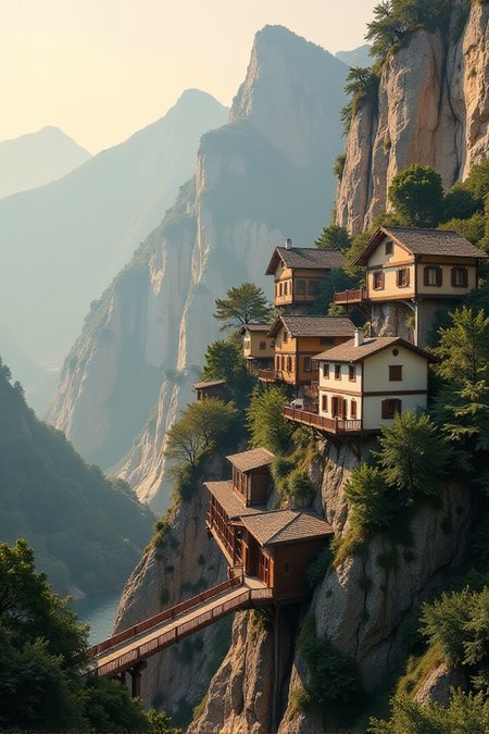 (((a village built into the side of a mountain, with wooden bridges connecting various parts of the town.))), Soft Beige, Cozy Comfort: warm lighting, beige tones, soft focus, cozy ambiance, comforting elements, gentle textures, tranquil look, cozy atmosphere, comforting aesthetics, capturing emotions, serene scenes, artistic feel, storytelling through textures, professional technique, gentle light manipulation, cozy concept, comforting styling, tranquil environment, surreal aesthetics, captivating narratives, intricate details, cozy landscape, editorial storytelling, warm glows, evoking comfort, pushing creative vision <lora:add-detail-xl:2> <lora:Cosine_freck:1>âââ