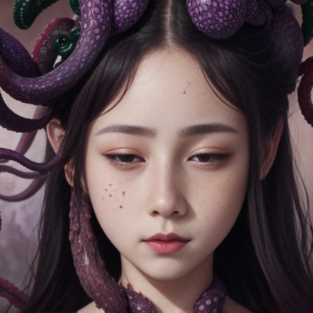 japanese line art  , High detail, high definition, and highly detailed masterpiece. Double exposure of ( 1 young girl eyes closed with black freckles all over her body)  and (purple red and green tentacles). Mystical, luminist atmosphere. In the style of takato yamamoto,  red full moon on background , <lora:takma2:1.2>