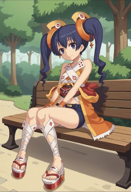 score_9, score_8_up, score_7_up, score_6_up, score_5_up, score_4_up , anime coloring ,BREAK source_anime, anime,screencap,
1girl, solo, coconab, hair ornament, japanese clothes, midriff, short shorts, platform footwear, blue shorts, wrist cuffs, <lora:PonyXL CoconaB  V1:1>
outdoors, park, sitting on bench,
smile, looking at viewer,