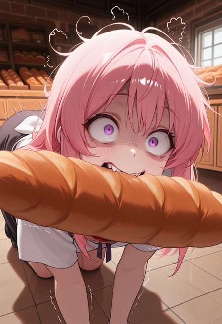 masterpiece, best quality, amazing quality, 1girl, CivChan, purple eyes, pink hair, solo focus, motion lines, upper body, crazy eyes, wide-eyed, constricted pupils, rapid, biting baguette, bak3ry, bakery, indoors, shop, bread, baguette, on all fours, on floor, wearing dog collar, shaking head,