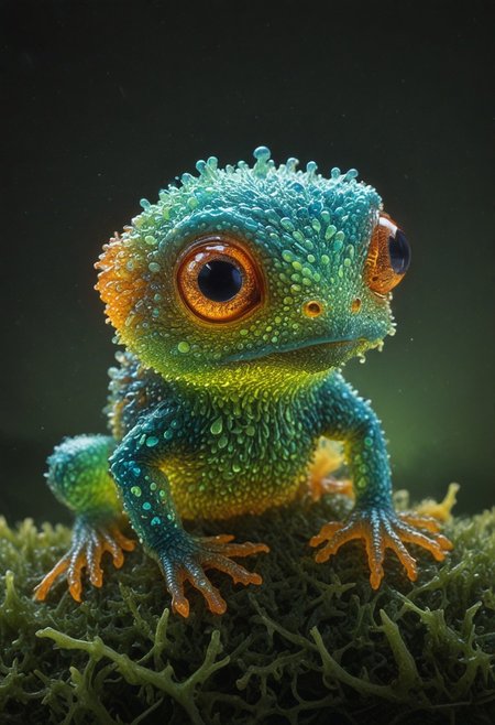 (Micro frog), cute, ultra detailed macro photography, bioluminescent, cute animal, a housed mystical stunning (Micro puppy), TheWeirdies,  zavy-flrscnc, fluorescent, fluorescent dust,