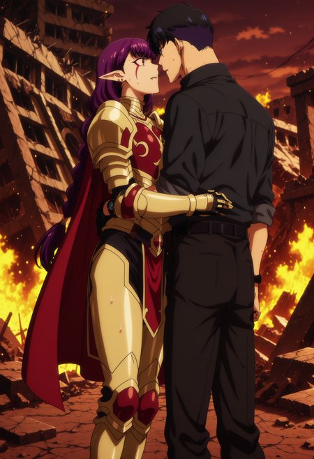source anime,anime screencap,anime coloring,intricate details,fake screenshot,masterpiece, best quality, very aesthetic, dramatic lighting, illustration,
uncensored,
BREAK,
esil radiru, esil, pointy ears, 1girl, purple hair,jewelry, earrings,facial mark, fangs, bangs, braid,single braid, very long hair, long hair, ear piercing, red eyes, piercing, facial tattoo, elf, medium breasts,facial tattoo,mature female,
armor, cape, pauldrons, shoulder armor, gold armor, gauntlets, boots, 
sweat,
perfect face, beautiful eyes, beautiful face,perfect anatomy,
BREAK,
1boy, sung jin-woo,black hair,short hair, blue eyes, toned male,
wristwatch, black belt, sleeves rolled up, collared shirt, black shirt, black pants,
BREAK,
couple, looking at another, hug, height difference, imminent kiss, 
BREAK,
solo leveling,
sidelighting, beautiful background,
Detailed Background, scenery, outdoors, fire, ruins, dim lighting, evening, dusk, dawn, 
<lora:Esil_by_Nyx_for_Illu_v2:0.8>, <lora:saimin_seishidou_by_Nyx_for_Illu:0.7>,<lora:Smooth Booster detail:0.7>, <lora:modern_anime_screencap_v1_0:1>,