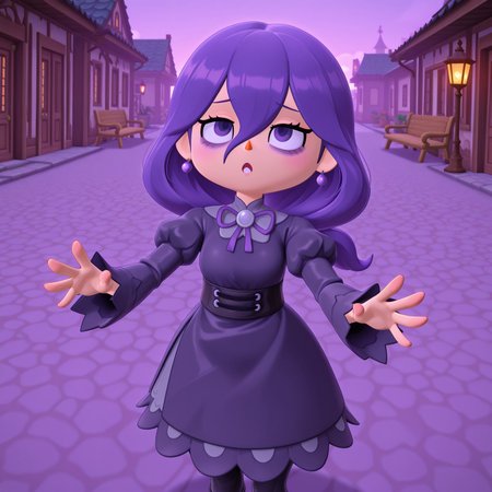 masterpiece, best quality, absurdres, 1girl, solo, animal crossing style, 3d, zzHexyZA, purple eyes, bags under eyes, hair between eyes, long hair, purple hair,   long sleeves, bow, jewelry, black dress, purple dress, black pantyhose, juliet sleeves, purple bow, purple bowtie, outdoors, arms out, looking up, :o