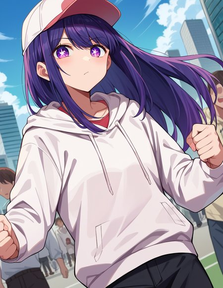 score_9, score_8_up, score_7_up, source_anime,
aihoshino, <lora:ai-hoshino-ponyxl-lora-nochekaiser:1>,
ai hoshino, long hair, bangs, purple eyes, purple hair, symbol-shaped pupils,
hood, hoodie, hood down, long sleeves, white hoodie, hat, baseball cap,
outdoors, cityscape, people, crowd,
looking at viewer, cowboy shot, dutch angle, dynamic pose,