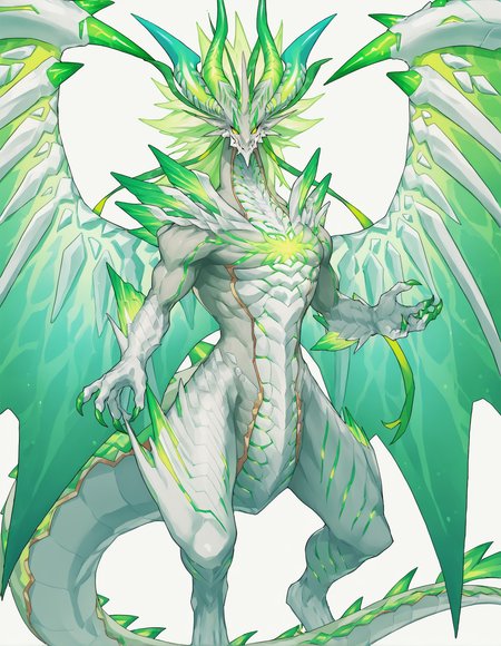 <lora:MidgardsomrPony2.0:0.8> Midgardsomr, dragon wings, solo, claws, 1boy, dragon horns, dragon tail, male focus, dragon, no humans, looking at viewer, glowing, green hair, green eyes, white skin, scales ,white background,  score_9, score_8_up, score_7_up, score_6_up, score_5_up, score_4_up