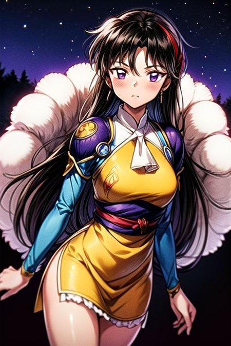 best quality 1girl Setsun4 solo long hair,  (night time) forest background black hair very long hair purple eyes multicolored hair armor, small, (fur trim) (medium body),<lora:EMS-179-EMS:0.800000>,<lora:EMS-293862-EMS:0.800000> bow, hair_bow, hair_tubes, red_bow, brown_hair, long_hair, bangs, ascot, frilled_bow, yellow_ascot, blush, smile, hair_between_eyes, athletic, armor, miko, ,(((intricate outfit,intricate clothes,embroidered outfit,ornate outfit,embroidered clothes,ornate clothes)))