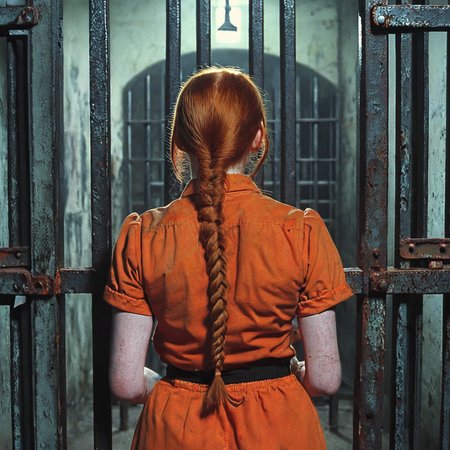 <lora:70sHorrorMovie2SDXL:1> ArsMovieStill, movie still from a 1970s horror movie, upper body portrait from behind of a 21 year old redhead woman with pale skin wearing a orange prison uniform, vibrant red hair in long braided pigtails. She stands defiant in her dark prison cell against the rusting iron bars of her cell, shot is from behind with the woman looking back at the camera, she holds onto the bars to the side of her. DarkAtmosCE style, "DANGEROUS PRISONER" written in stencil on the back of her uniform