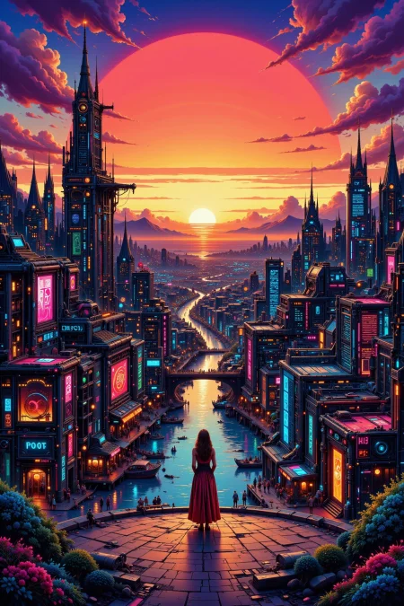fantasy city beautiful  landscape, sunset, woman, very intricate, very detailed, sharp, bright, colorful, <lora:Hand v2:0.5> <lora:Anti-Blur:1><lora:Insane Detail Slider:0.25>  <lora:flux.1_lora_flyway_Epic-detail_v2:0.3> <lora:fluxenhancer:0.25> <lora:ck-Neon-Retrowave:0.4> ck-rw, in the style of ck-rw, <lora:Neurocore Anime Cyberpunk v2.0:0.8> <lora:neon-cyberpunk-alla-prima:0.4> mad-llprm