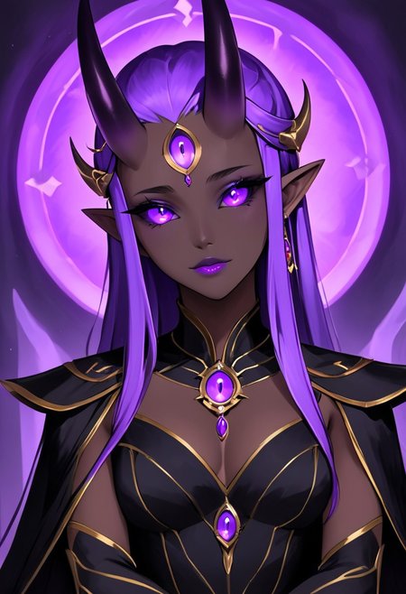 te'kharoth, third eye, tail, horns, violet eyes, 1girl, solo, upper body, regal, queen, crown, sitting, throne,  colored skin, dark skinned female, silk dress, capelet, illuminated, mystical aura, expressive eyes, cinematic, masterpiece,