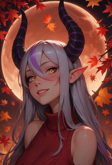 score_9, score_8_up, score_7_up, score_6_up, 
1girl, 25 years old, perfect face, (close view), looking at viewer, cute, petite,  
yellow eyes,
demon girl, demon horns, huge horns, striped horns, black horns, purple horns, pointy ears, 
multicolored hair, streaked hair, grey hair, purple hair, long hair, very long hair, hair between eyes, 
red sweater, bare shoulders, 
autumn, autumn leaves, night, full moon,
(blush), light smile, 
portrait, face focus, detailed face,