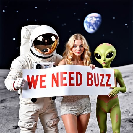 high definition, extremely detailed, 
masterpiece, photo realistic, 

This is a photograph features three individuals standing closely together. 
thy are holding a large, white banner that reads "We Need Buzz" in bold red letters.

on the left is astronaut wearing a white astronaut suit with reflective silver accents, with the photographer reflected in his closed helmet. 

The person in the center is a blonde woman with fair skin, wearing a sparkling, white, sleeveless, sequin-covered bodysuit that is form-fitting and short, exposing her legs.

On the right is Classic sci-fi aliens with large heads and green body,

The background is moon surface, the large earth and stars in the night sky.
