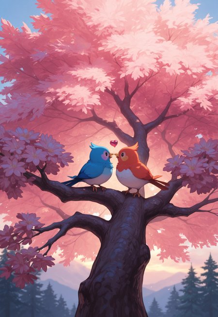 klskx ,  
masterpiece, best quality, amazing quality,
no humans, two little colourful birds exchanging an heart shaped biquit holding it with their beaks. The birds are in their nest onto a colorful tree. Dusk