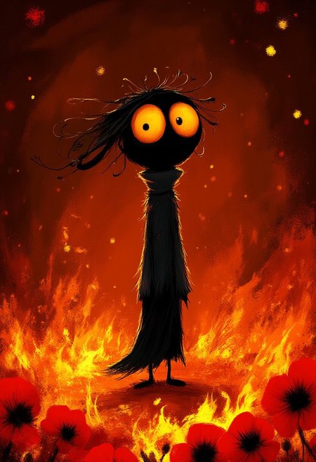 A whimsical illustration of a lanky figure with enormous glowing amber eyes in dark whimsical art style, standing amidst swirling flames and embers, wearing a tattered flowing black coat with dancing fire patterns, digital painting with dynamic brushstrokes showing flame textures rippling through the air, dark crimson background with floating sparks and smoke tendrils, characteristic Tim Burton inspired design with eyes reflecting the dancing firelight and an eerily serene expression, surrounded by fire-blooming red poppies that seem to merge with the flames