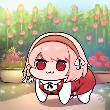 masterpiece, best quality, solo, <lora:doro_xypher_ixl_v1:1> doro, :3, chibi, no pupils, solid circle eyes, full body, white skin, all fours, <lora:LapisFE-illu:1> somLapis, short hair, pink hair, side braid, two-tone hairband, red hairband, red eyes, white hair ribbon, red pinafore dress, black neck ribbon, garden, outdoors