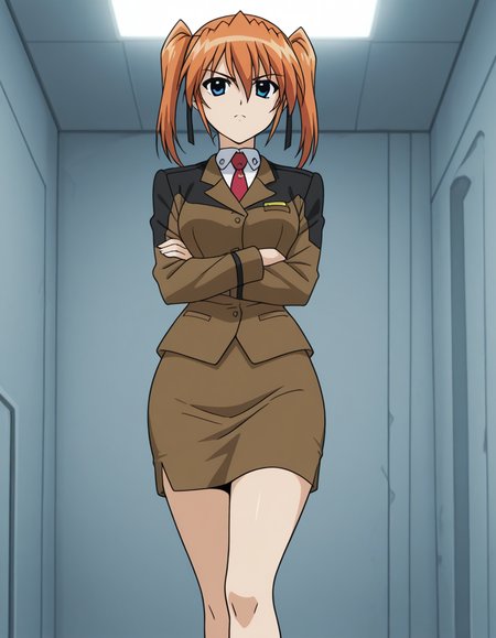 official style,Teana Lanster, orange hair,twintails,blue eyes,(crossed arms:1.42),military uniform,at nearfuture fortress,in the room,(anime screencap), 2d cel anime,anime cap,anime,anime style,anime cel,cell shaded,soft brightness,perfect face,perfect nose, perfect hair, perfect eyes,perfect female body,perfect skin,a face of perfect proportion,perfect lighting,perfect anatomy,perfect proportion,perfect hands,perfect legs,perfect fingers,masterpiece,hair between eyes,medium breasts,perky breasts,best quality,very aesthetic,absurdres,16k,intricate detail,amazing quality,(bold:3.12),thick outline,black outline,harsh lines,soft lines,deluster,boldline,curvy,(anime coloring:1.2),angry,slim,looking at viewer,super fine illustration,detailed linework,vibrant colors,kawaii,flat color,  (hat:-1)<lora:Magical_Girl_Lyrical_NANOHATeana_Lansterillustriousé­æ³å°å¥³ãªãªã«ã«ãªã®ã¯ãã£ã¢ãã©ã³ã¹ã¿ã¼illustrious:1:0.8>