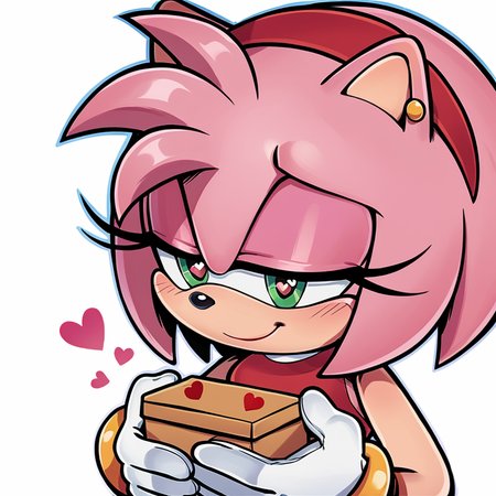 score_9, score_8_up, score_7_up, score_6_up, score_5_up, score_4_up, BREAK,  <lora:Amy_Rose:1>, amy rose, 1girl, blush, smile, bangs, simple background, gloves, white background, holding, jewelry, closed mouth, upper body, heart, hairband, earrings, food, white gloves, skin tone arms, heart-shaped pupils, half-closed eyes, happy, box, furry, outline, furry female, red hairband, white outline, symbol in eye, solo, green eyes, animal ears, pink hair, pink fur, short hair, animal nose