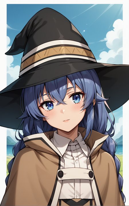 score_9, score_8_up, score_7_up, BREAK
MainOutfit_RoxyMigurdia_ownwaifu, 
1girl, blue eyes, blue hair, mage staff, roxy migurdia, wizard hat, long hair, witch hat, hair between eyes, black headwear, braid, brown cape, crossed bangs, twin braids, bangs, long sleeves, white shirt, collared shirt, dress, capelet, shirt, cloak, black skirt, brown capelet,
(portrait, head tilt, looking at viewer), straight-on,  white border, bokeh, <lora:PONYXL_MushokuTensei_RoxyMigurdia_ownwaifu:0.8>, solo,