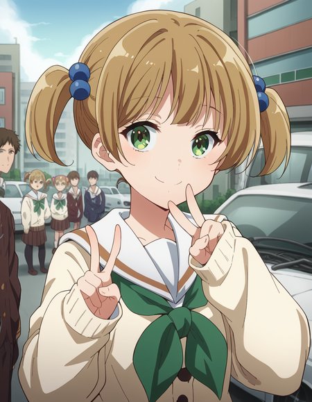 score_9, score_8_up, score_7_up, source_anime, <lora:satsuki-suzuki-s3-ponyxl-lora-nochekaiser:1>, satsuki suzuki, short hair, bangs, brown hair, hair ornament, twintails, green eyes, light brown hair, hair bobbles,, long sleeves, school uniform, serafuku, sailor collar, neckerchief, sleeves past wrists, cardigan, white sailor collar, kitauji high school uniform, green neckerchief, skirt, pleated skirt, brown skirt,, city, buildings, streets, cars, people, smile, v, v over mouth, smug,, looking at viewer, solo,, dutch angle, cowboy shot