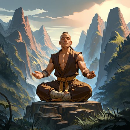 1boy, solo, monk,young, badass , detailed face,  meditation, invoker, epic background, nature <lora:aidmaMJ6.1_v0.5_IL:0.7> , rocks, mountain,  inspiration, close, face focus, unusual composition, best quality, fantasy, plants, sky,   braid hairstyle, closed eyes, bald, rich background, mystic,legs