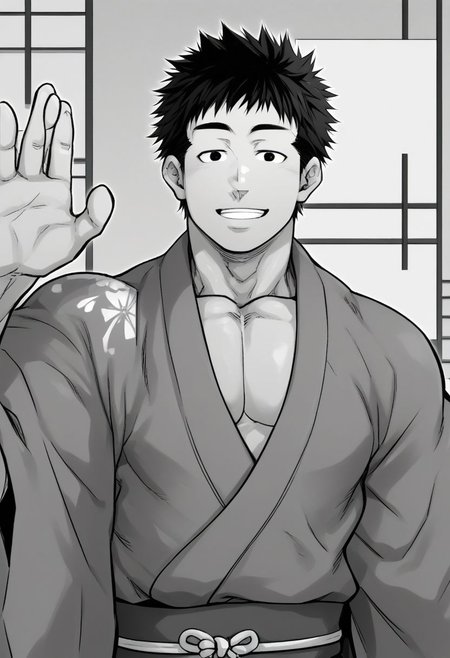 1man, solo, muscular body, wearing a kimono, happy face, waving at viewer, half body, short hair, focus on shoulder,