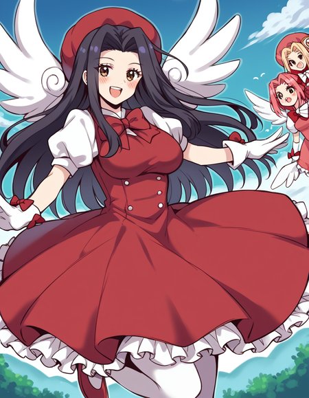 score_9, score_8_up, score_7_up, source_anime, <lora:kuroko-smith-s1-ponyxl-lora-nochekaiser:1>, kuroko smith, long hair, black hair, parted bangs, brown eyes, large breasts,, <lora:sakura-kinomoto-cosplay-ponyxl-lora-nochekaiser:1>, sakurakinomotocosplay, kinomoto sakura (cosplay), bow, bowtie, dress, gloves, hat, magical girl, pantyhose, petticoat, ppuffy short sleeves, puffy sleeves, red bow, red bowtie, red dress, red hat, short sleeves, white gloves, white pantyhose, white wings, wings,, outdoors, open mouth, blush, smile, flying, , dutch angle,