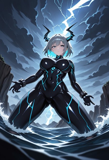 masterpiece, best quality, good quality, very aesthetic, absurdres, newest, 8K, depth of field,  in the style of cknc, artist:moriimee, in the style of cksc, 
1girl, long grey hair, wild, stormy eyes, large breasts, round, thunderbolt crown, glossy skin, summoning lightning, looking at viewer, from below
BREAK
stormy cliff, dark clouds, waves crashing
BREAK
dynamic light, blue tones, high contrast, electric glow, rich details, dramatic atmosphere