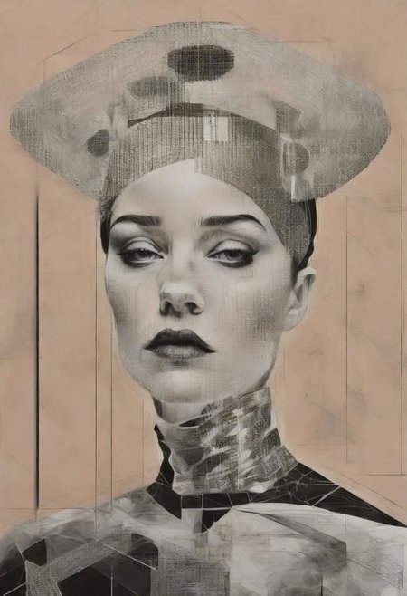 pop surrealism, rough crosshatch drawing pop art Lunatic_Portrait of a girl in latex, slick back, low bun, black makeup, avant-garde, abstract, weird, geometric, constructivism, suprematism, rayonism, verticism, tj
