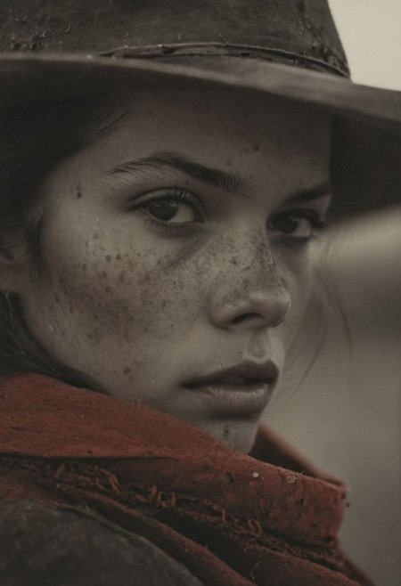 Sideview Profil Vintage Photo By Carl moon, Closeup Profile, moody, western, amerikana, freckled Navajo girl, dirt, dust, dusk, gravel, Large outworn Cowboy hat, bleaked vibrant Red old linen scarf, gritty, atmospheric haze, shrouded DARK Background, Film grain, cinematic film still, shallow depth of field, highly detailed, high budget, cinemascope, moody, epic, OverallDetail, gorgeous, 2000s vintage RAW photo, photorealistic, candid camera, color graded cinematic, eye catchlights, atmospheric lighting, skin pores, imperfections, natural, shallow dof,.