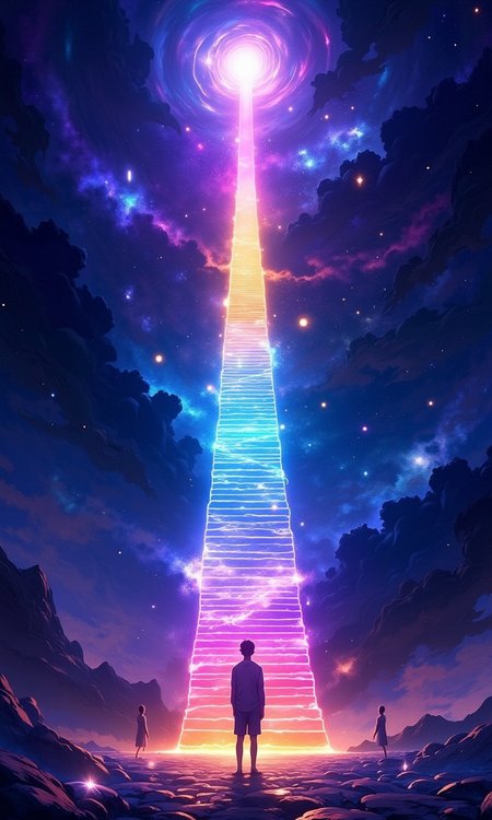 3pic_vist4, anime_martz, a lone figure stands at the base of an ethereal staircase made of glowing, translucent steps that spiral upward into a vast, starlit sky. Each step pulses with radiant colors—violet, gold, and indigo—symbolizing different stages of enlightenment. Nebulae and cosmic swirls surround the staircase, with faint outlines of mystical beings watching from afar. As the figure begins their ascent, a soft aura of light surrounds them, hinting at a journey beyond the physical, toward the transcendental realm where the soul evolves and merges with the universe.