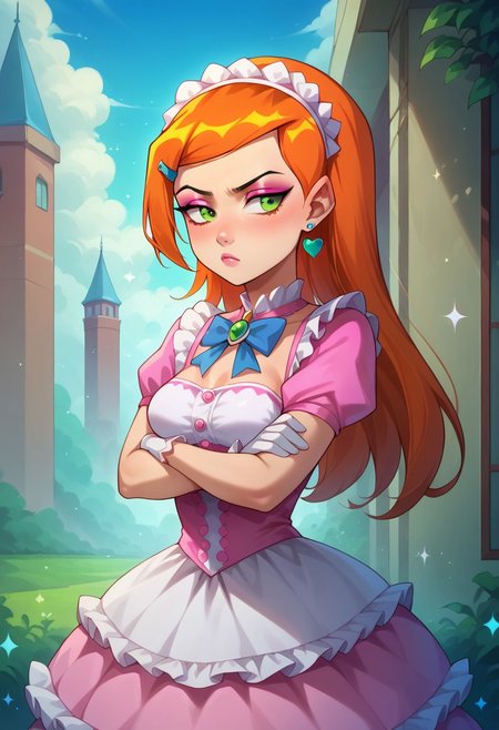 score_9, score_8_up, score_7_up, source_anime , 1girl, gwen tennyson (/Ben10)/, (ultra HD quality details), bright orange hair, green eyes, girly twintails, very long hair, masterpiece, best quality, absurdres, (pastel theme) magical girl, pink shiny dress, magical girl dress, sequins, madoka dress, petticoat, bell skirt, pastel colors, kawaii, frilled skirt, thighhighs, puffy dress, puffy short sleeves, gloves, tiara hairband, gem brooch, bow, ribbons, lace trim, frills, frilled fabric, sparkles, glitter, medium breasts,
lipstick, long eyelashes, eyeshadow, eyeliner, mascara, makeup,  
outdoors, nature, clouds, heart earrings, heart accessories, jewelry, frilled boots, solo, cowboy shot, looking to the side, half-closed eyes, pouty lips, pout, :T, crossed arms