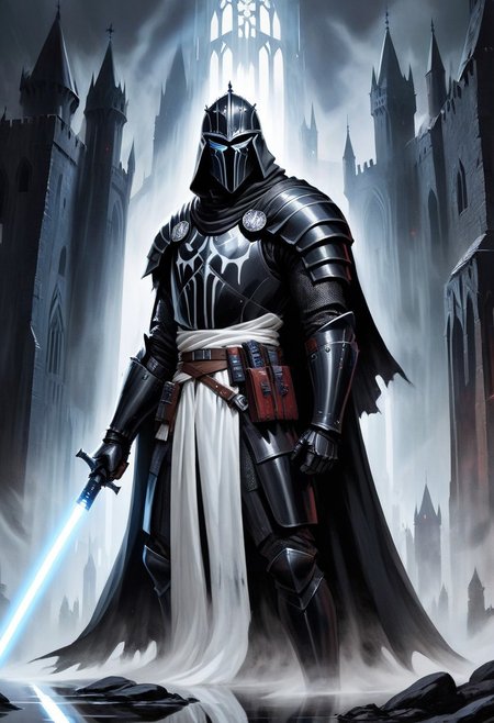 score_10, score_9, score_9_up, score_8_up, score_7_up, masterpiece, best quality, ghost, black armor, black knight, hood, ((hood over helmet)), duo focus, multiple_boys, 2boys,, two figures, Fantasy, knight, gothic, full plate armor, armor, black, cloak, hood, sith, sword, heavy armor, white light saber, white tabard, shield, reflection, spirit, translucent, black mist, paladin, fighter, rogue, vivid color, castle,