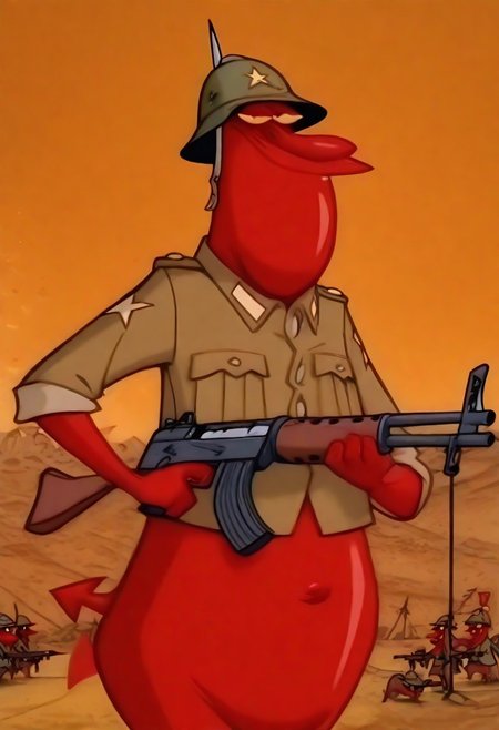Masterpiece, best quality, absurdres, high detail, solo, r3dguy, d3vil, devil, creature, red skin, tail, 
A3THER, holding a machine gun, army helmet, cevlar,  Vietnam jungles background, detailed background,