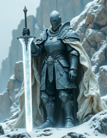Large, imposing figure clad in weathered, silver-grey plate armor.  Full body, standing posture, holding a large, translucent, ice-like sword. Armor shows intricate details, slight signs of wear and damage.  The figure's face is obscured by the helmet, creating a sense of mystery.  A flowing, white cape drapes from the shoulders, billowing around the figure.  The rocky terrain, a mix of light and dark grays and off-whites, serves as a backdrop. The rocks and ground are covered in a layer of fine snow giving a cold, desolate atmosphere.  Pale, diffused lighting suggests an overcast day.  The focus is on a grand scale, emphasizing the armor's imposing form and the sword.  High contrast between the stark white of the ice-sword and surrounding elements creates a dramatic scene, HKMagic, <lora:FantasyWizardWitchesFluxV2-000001:0.7>, <lora:Dever_Flux_Enhancer:0.4>, <lora:flux.1_lora_flyway_Epic-detail_v2:0.4>, <lora:Elden_Ring_-_Yoshitaka_Amano:0.4>