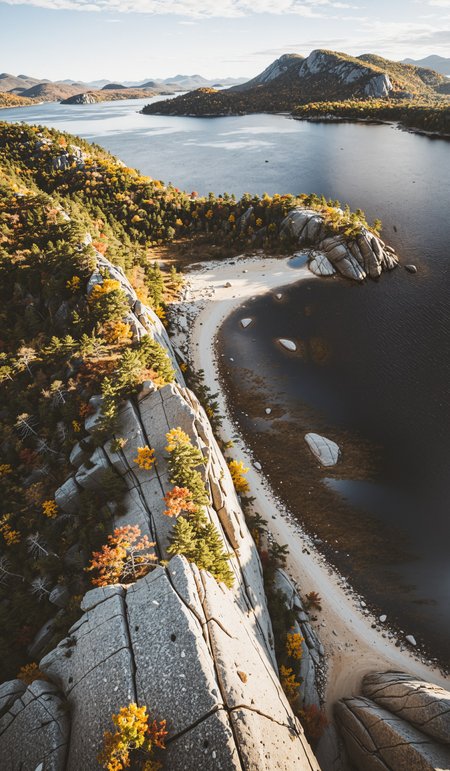 striking aerial view of Killarney Provincial Park in Ontario in autumn, Canada, ultra long exposure shot, serene, minimalist, clean, perfect composition, stunning, film grain, atmospheric, muted colors