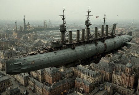 masterpiece, best_quality, very_aesthetic, highres, absurdres, ultra detailed, airship,  battleship, steampunk, Victorian, 
flying over Victorian city,
 airship, vehicle focus, no humans, military vehicle, military, science fiction, aircraft flying, radio antenna, cannon, machinery,rocket launcher,
dark iron, (light blue/navy gray vehicle), 
spiral, pipe ,rivets, ,wire,