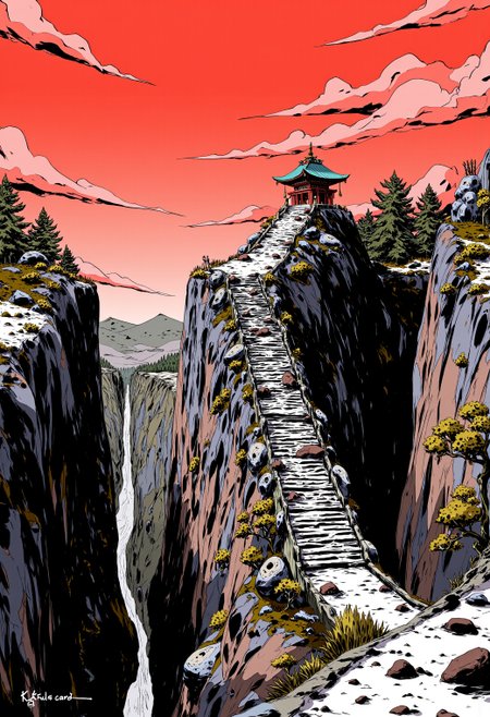 <lora:ck-cyber-relic-000015:1>, in the style of ckcr, Inkpunk Anime, inksketch in red and black, image of shinto shrine on top of a mountain, long flight of steps up to it, canyon, ravine, sunset, mist