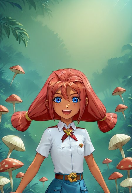 score 9, score 8 up, score 7 up, detailed background, shiny skin, UlyanaF, blue eyes, red hair, white shirt, blue skirt, petite, cheeky smile, flat chest, throwing scorpions at you, laughing
 green forest, florescent cyan colored mushrooms, Amanita muscaria