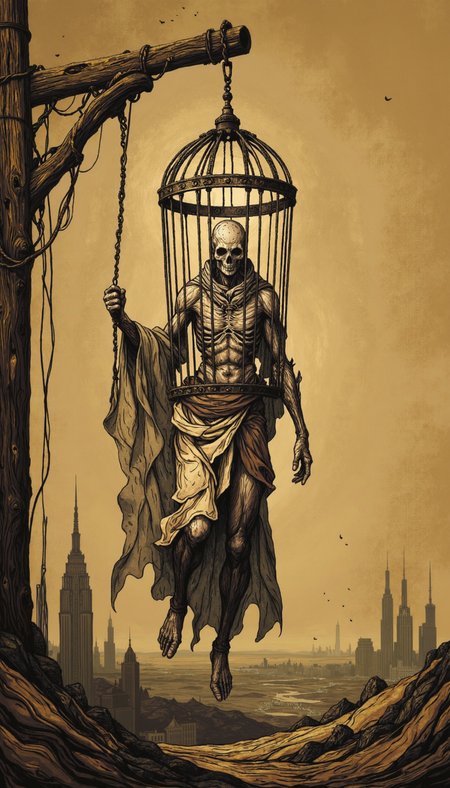 Bioluminescent, A tenebrous sepia-toned illustration, evoking an air of melancholic solitude. A gaunt, spectral figure, draped in tattered cloth, is ensnared within a wrought iron cage suspended precariously from a weathered wooden gibbet. The cage dangles above a desolate, undulating landscape, hinting at an oppressive dystopian reality. The figure's emaciated limbs reach out in a gesture of forlorn longing towards a distant, indistinct cityscape. Employ a low camera angle, amplifying the figure's vulnerability and the imposing nature of the cage. Emphasize the textural contrast between the cage's cold metallic bars and the figure's coarse, cloth-like shroud. The lighting should be stark and unforgiving, casting deep, elongated shadows that accentuate the scene's desolation.