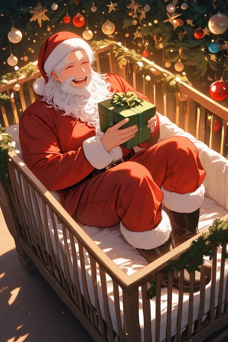 realistic shading, natural lighting, dacrib, christmas-crib focus, dacrib_christmas ornaments, in crib, santa claus, beard, white hair, closed eyes, 1boy, happy, smiling, shiny skin, full body, holding gift box, sitting, santa claus clothes, red headwear, boots, dutch angle, dynamic angle, intricately detailed illustration, masterpiece, best quality, amazing quality, very aesthetic, absurdres, newest