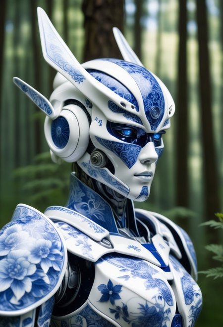 porcelain cyborg mecha in Bluepatternporcelain, detailed calligraphy ornament, 
mountain forest meadow background,
cinematic, ultra realistic, film grain, professional photoshoot,