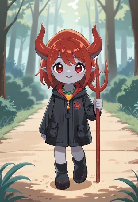 score_9, score_8_up, score_7_up, BREAK
highres, highly detailed, high resolution, high quality, 
source_anime, anime screencap, saturation, vivid colors, 
1girl, solo, luce, full body, standing, demon girl,
(dark red hair:1.2), (big dark red eyes:1.1), medium hair, cute, (grey skin:1.1), (horns:1.2), 
(long black raincoat:1.1), black rubber boots, 
pentagram necklace, holding red trident, 
pikaole, cute, bokeh,
blurry background, forest background, path