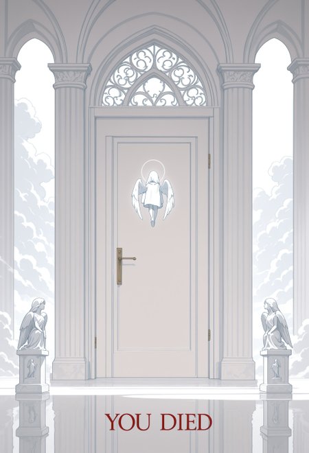 masterpiece, best quality, amazing quality, very aesthetic, incredibly absurdres, newest, highres, absurdres, volumetric lighting, scenery, no humans, heaven, heaven's gate, door, you died, text on door, clouds, ethereal, pillars, angel \(statues\), serene, dreamy, blending, white theme,fine art,straight on,llv2-illu