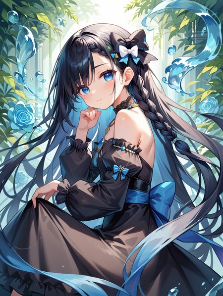 score_9, score_8_up, score_7_up,source_anime, <lora:style010:0.5>
1girl, bare shoulders, black dress, black hair, blue eyes, bow, braid, braided bangs, closed mouth, dress, feet out of frame, from side, hair bow, jewelry, light blush, long hair, long sleeves, looking at viewer, necklace, puffy long sleeves, puffy sleeves, sidelocks, solo, very long hair,