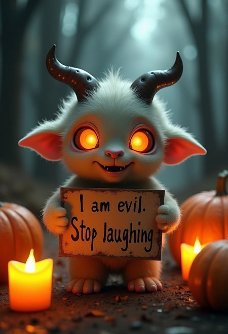 Create an image of a small, fluffy creature with large eyes and horns, holding a sign that says "I am evil. Stop laughing." The creature is surrounded by candles in a dimly lit room, giving off an eerie yet whimsical atmosphere. Make the character cute adorable child-like and dressed in a Halloween costume. Add some pumpkins around the character. Make the pumpkins glow.  the background is a spooky forest. moody, grainy, noisy, concept art, by Alberto Seveso, Cyril Rolando, Dan Mumford, Meaningful Visual Art, Detailed Painting, Digital Illustration, Unreal Engine 5, 32k maximalist, hyperdetailed fantasy art, 3d digital art, sharp focus, masterpiece, fine art"
.
<lora:Dever_Flux_Enhancer:0.5>
<lora:midjourney_whisper_flux_lora_v01:0.65> Midjourney_Whisper
<lora:Midjourney_-_SemiReal_Dreams_FLUX_LoRA:0.65>
<lora:Dreamy_Illustrations_FLUX_LoRA-000001:0.65>