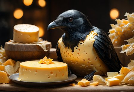 Huge folk with stilled cheese, photorealistic, photography lighting, extremely detailed, shot on Sony A7R V with Leica lens, corvidfolk