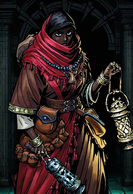 masterpiece, best quality, newest, absurdres, highres, DDstyle, official style, black eyes, shaded eyes, solo, solo focus,
1girl, DDAntiq-V1.1, scarf, bandana, robe, dark-skinned female, dark skin, belt pouch, pouch, necklace, belt, ring, bracelet, hood, hood up,
lantern, holding, holding lantern,
