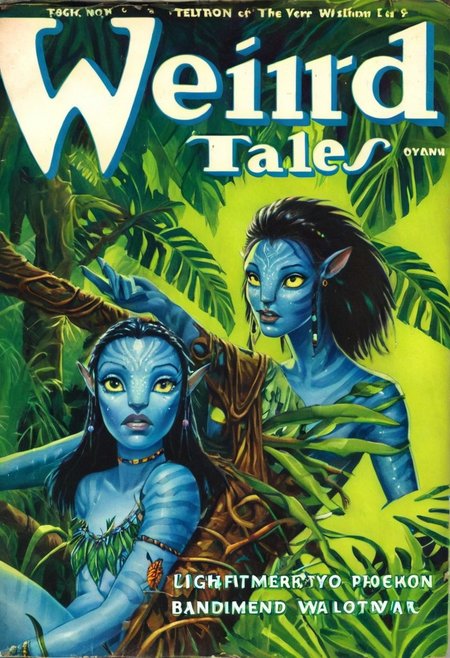 Weird Tales pulp magazine cover of a  Avatar navi alien with blue skin, wearing leaf tunic, futuristic neon bioluminescent jungle in the background