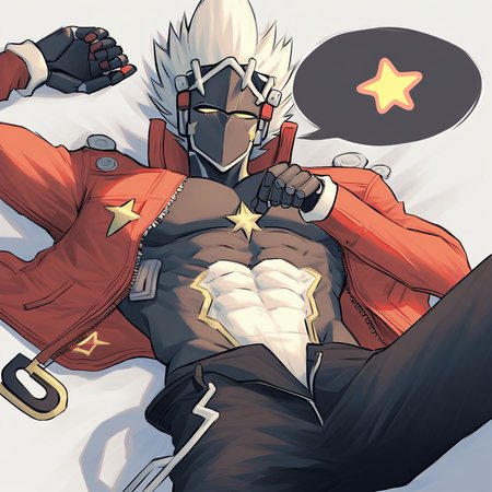 billy kid, 1boy,abs,black pants,cyborg,heart,jacket,lying,male focus,on back,open clothes,open jacket,open pants,pants,pectorals,red jacket,signature,solo,speech bubble,spiked hair,spoken heart,star (symbol),weapon,weapon on floor,white hair,yellow eyes,zipper